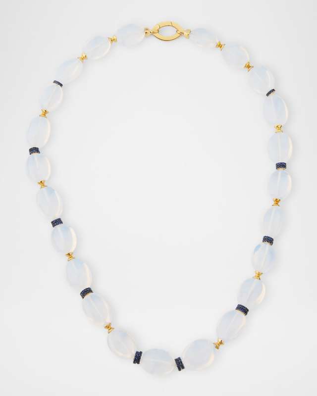 Beyond 18K Yellow Gold Moon Quartz Tumbled Beads Necklace with Hourglass and Sapphire Rondelles